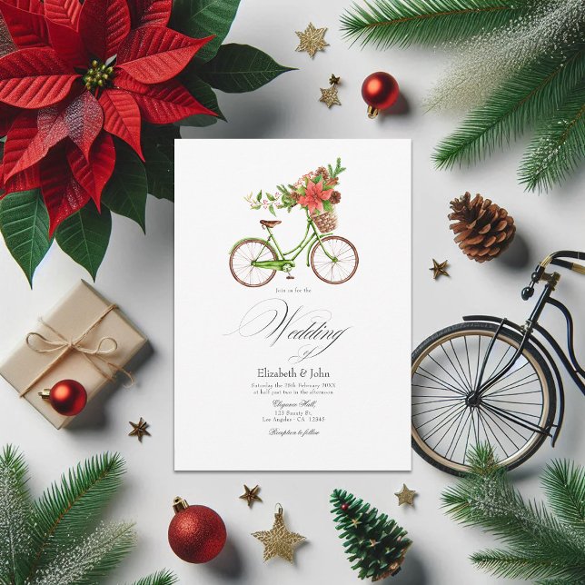 Weihnachts-Poinsettia Fahrrad Winter Hochzeitsarm Einladung (Christmas Poinsettia Bicycle Winter Wedding Charm Invitation)