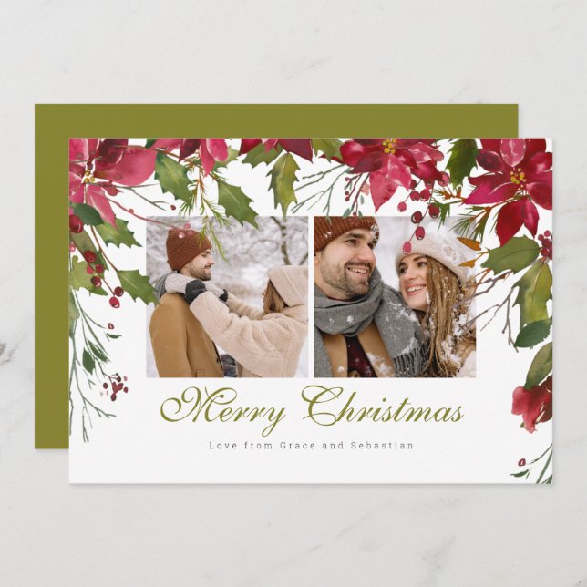 Weihnachts-Poinsettia-Foto Personalisiert Feiertagskarte (Vorne/Hinten)