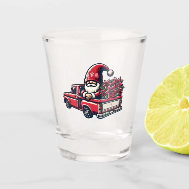 Weihnachts-Poinsettia-Gnome auf Red Lieferwagen LK Schnapsglas (Vorderseite)