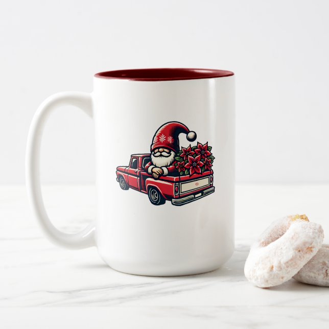 Weihnachts-Poinsettia-Gnome auf Red Lieferwagen LK Zweifarbige Tasse (Mit Donut)