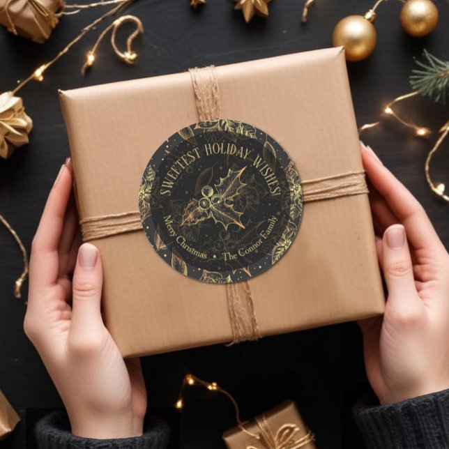 Weihnachts-Poinsettia hausgemachte Feiertage Runder Aufkleber (Christmas black and gold poinsettia, holly, berries, sweetest holiday wishes stickers)