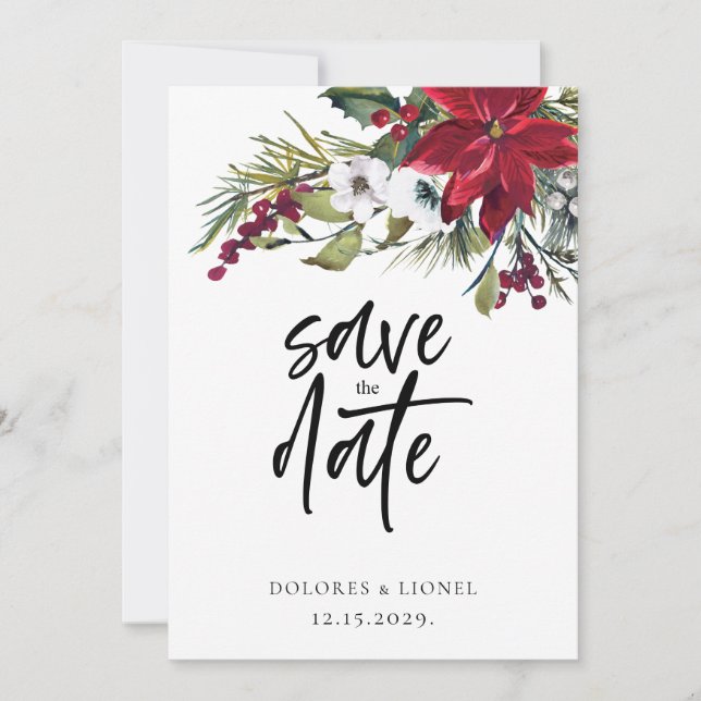 Weihnachts-Poinsettia-Hochzeit Speichern Sie das D Save The Date (Vorderseite)