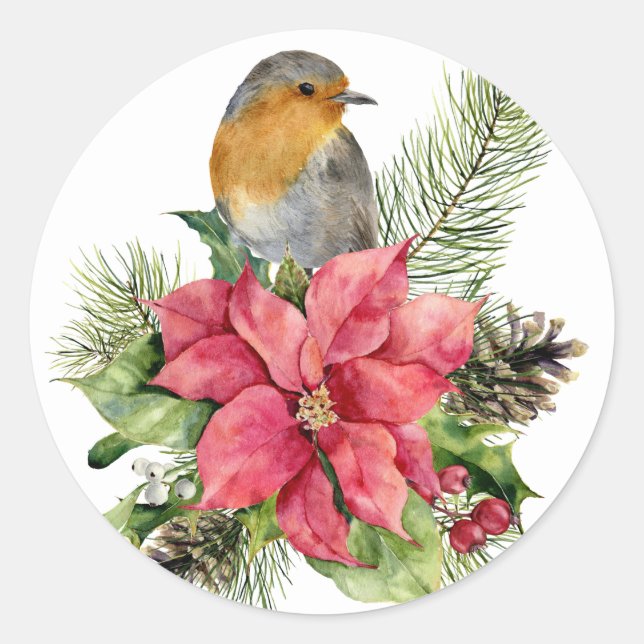 Weihnachts-Poinsettia mit Vogel Runder Aufkleber (Vorderseite)