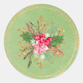 Weihnachts Poinsettia Red Berry Gold Wedding Runder Aufkleber
