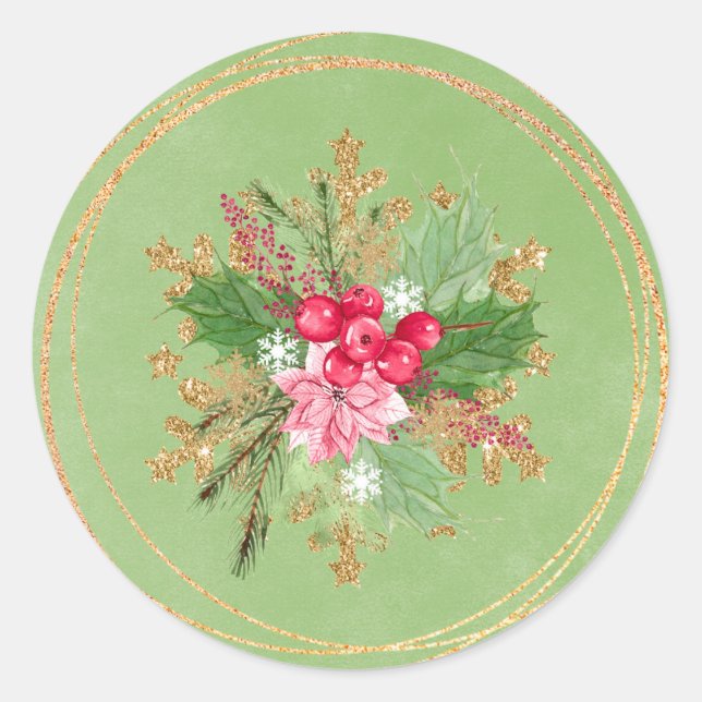 Weihnachts Poinsettia Red Berry Gold Wedding Runder Aufkleber (Vorderseite)