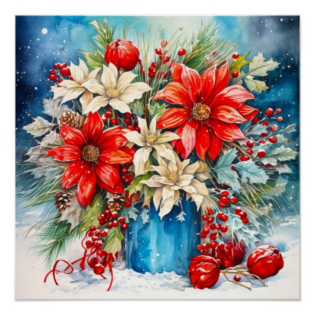 Weihnachts-Poinsettia und Berries Bouquet Poster (Vorderseite)