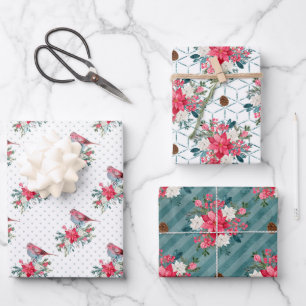 Weihnachts-Poinsettia und Kardinal Rot Geschenkpapier Set