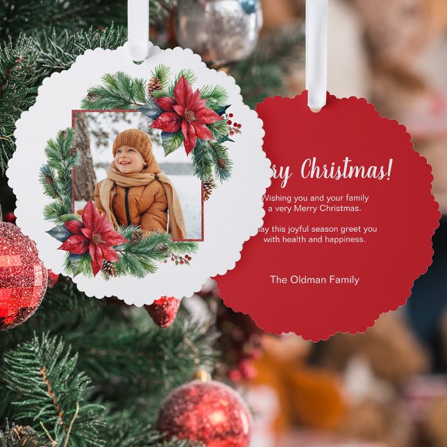 Weihnachts-Poinsettia und Pine-Foto Ornament Karte (Von Creator hochgeladen)