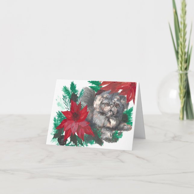 Weihnachts-Poinsettia Welpe Designed Faltcard Feiertagskarte (Vorderseite)