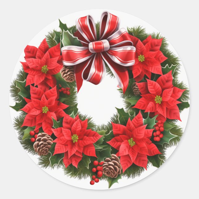 Weihnachts-Poinsettia-Wreath-Grußkarte Runder Aufkleber (Vorderseite)