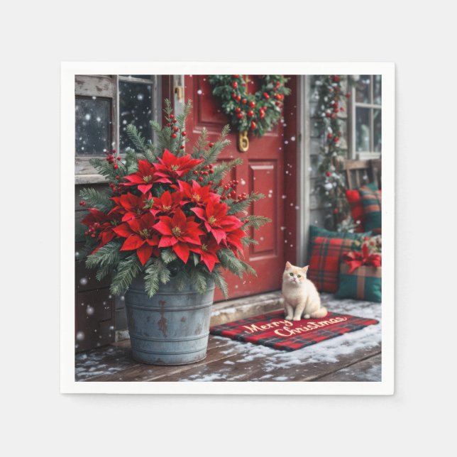 Weihnachts-Poinsettias und weiße Katze vor der Hau Serviette (Vorderseite)