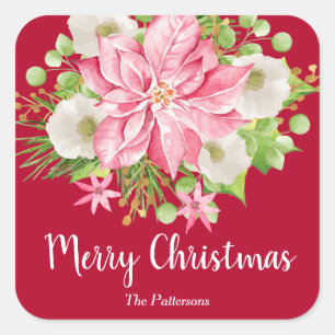 Weihnachts-Poinsettie Floral Rot Feiertage Quadratischer Aufkleber