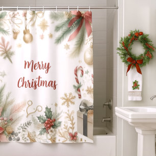 Weihnachts-Poinsettie Gold-Schneeflocke und Grünze Duschvorhang