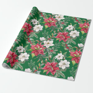 Weihnachts-Poinsettie, Kamelienblüten und Beeren  Geschenkpapier