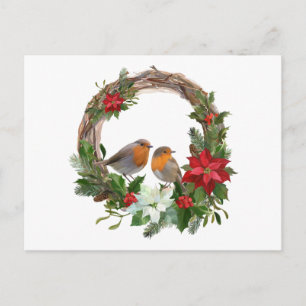 Weihnachts-Poinsettien-Blumenkranz und Vögel Postkarte