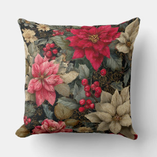 Weihnachts-Poinsettien und Beeren Floral Kissen