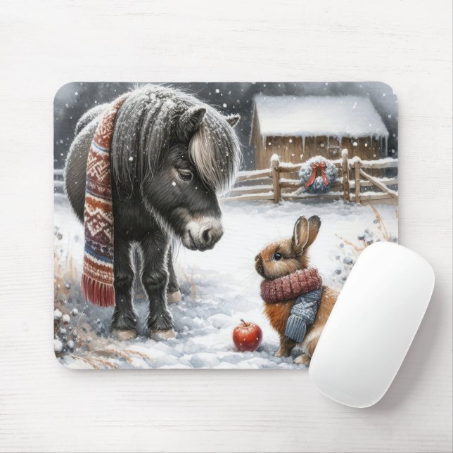 Weihnachts Pony und Bunny auf einer Winterfarm Mousepad (Mit Mouse)