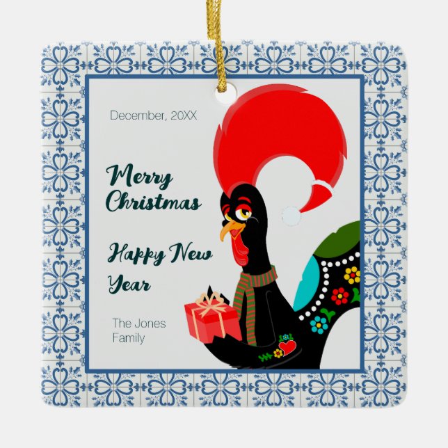 Weihnachts Portugiesischer Stab und blauer Fliesen Keramikornament (Vorderseite)