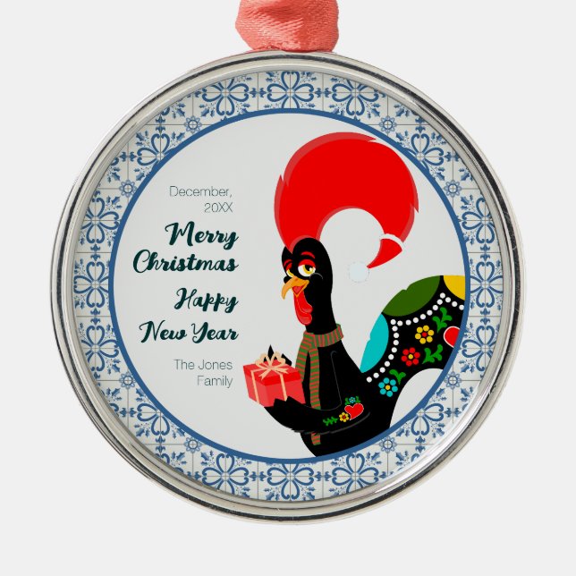 Weihnachts Portugiesischer Stab und blauer Fliesen Ornament Aus Metall (Vorne)