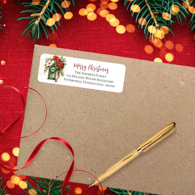 Weihnachts-Postfach Floral Monogram (Elegant Holiday "Merry Christmas" Mailbox Poinsettia Floral Return Address Label)