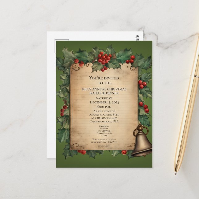 Weihnachts-Potluck-Abendessen Old World Scroll Ein Postkarte (Vorderseite/Rückseite Beispiel)