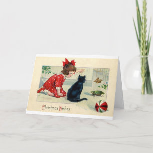 Weihnachts-Print Girl and Cat Feiertagskarte
