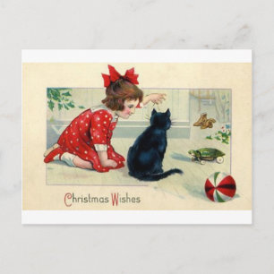 Weihnachts-Print Girl and Cat Feiertagspostkarte