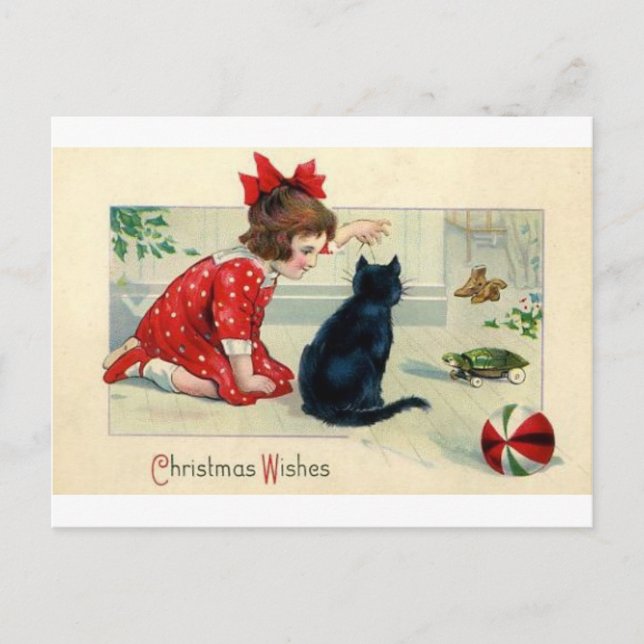 Weihnachts-Print Girl and Cat Feiertagspostkarte (Vorderseite)
