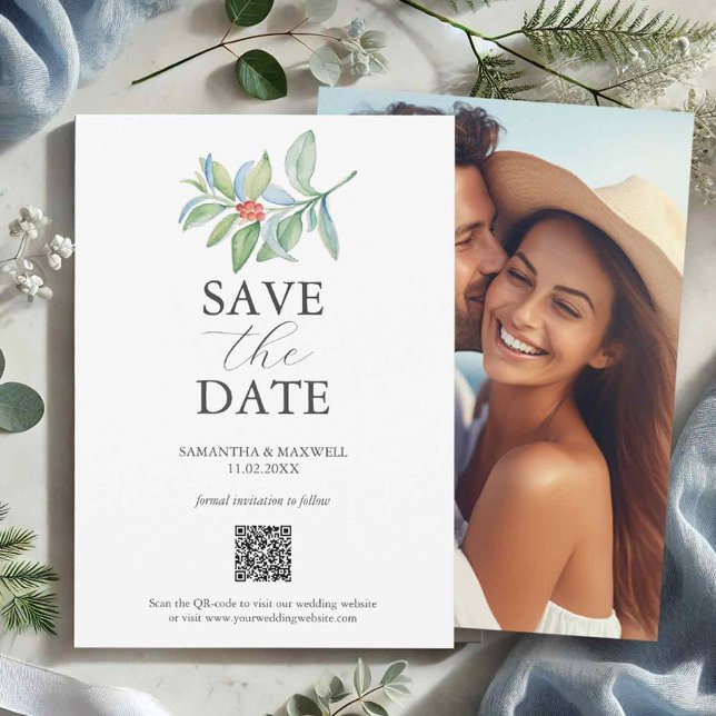 Weihnachts-QR-Code Save The Dates Date (Christmas wedding save the dates with photo and qr code holiday botanicals)