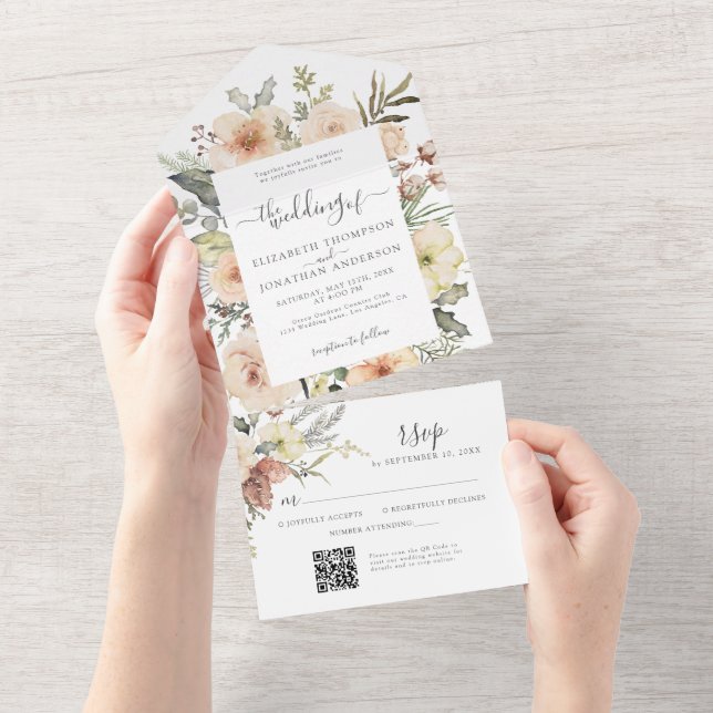 Weihnachts QR UAWG Winter Floral Woodland Hochzeit All In One Einladung (Abreißen)