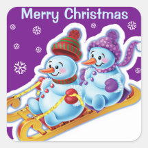 Weihnachts-Quadrat Aufkleber Snowmen Schneesport.
