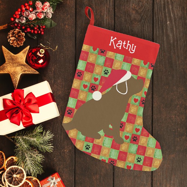 Weihnachts-Quilt-Schokolade-Welpe Kleiner Weihnachtsstrumpf (Personalized Chocolate Labrador Puppy Quilt Design Christmas Stocking for Labrador Owners.)