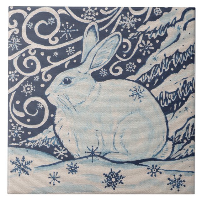 Weihnachts-Rabbit Navy Blauer Schneeflocken Malere Fliese (Vorderseite)