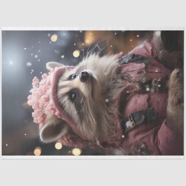 Weihnachts Raccoon Pink Jacket R.Facing Decoupage Seidenpapier (Vorderseite)