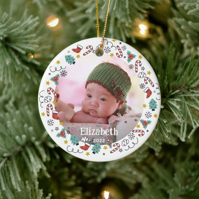 Weihnachts-Rahmen-Baby-Foto Keramik Ornament (Baum)