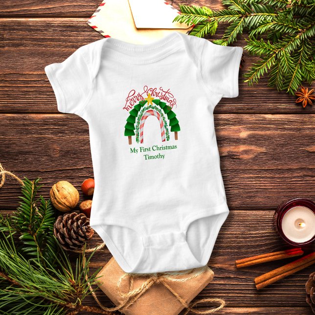 Weihnachts Rainbow Red Green Baby Strampler (My First Christmas Personalized Baby Body Suit. Gift for Baby Boy or Girl)