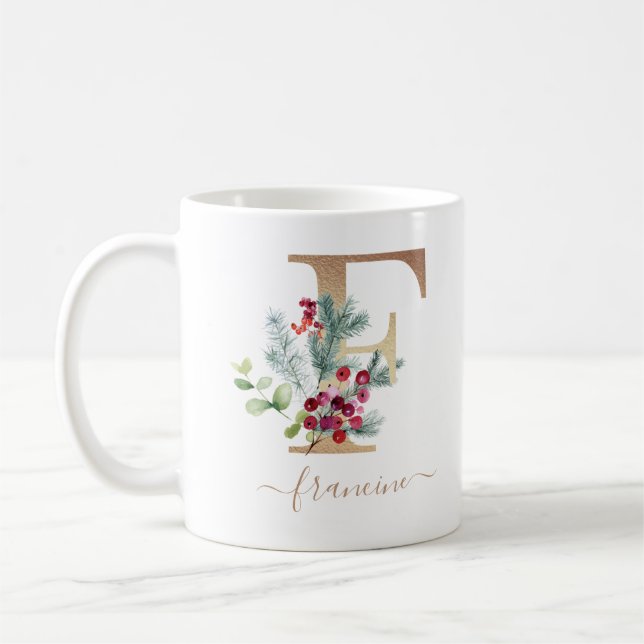 Weihnachts Red Berries Greenery Gold Monogram F Kaffeetasse (Links)