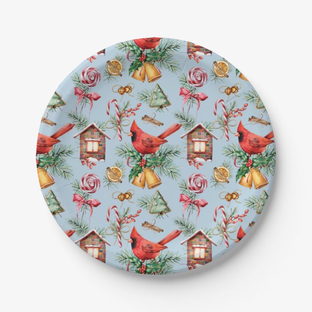 Weihnachts Red Bird Pine Holly Candy Cane Pappteller (Vorderseite)