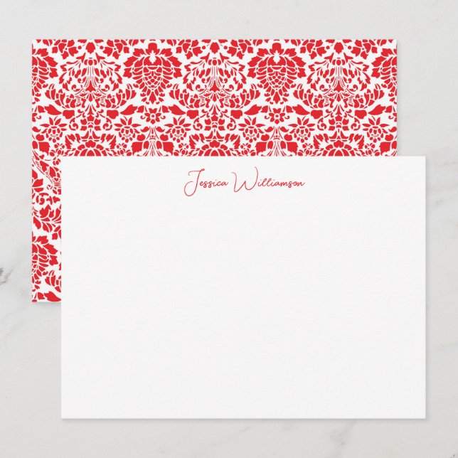 Weihnachts-Red-Damask Personalisierter Name-Statio Mitteilungskarte (Vorne/Hinten)
