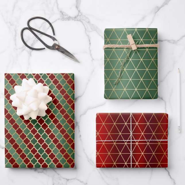 Weihnachts Red Gold Green Geometric Muster Geschenkpapier Set (Vorderseite)
