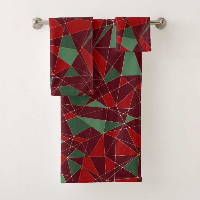Weihnachts Red Green Gold Low Poly Muster Badhandtuch Set (Insitu)