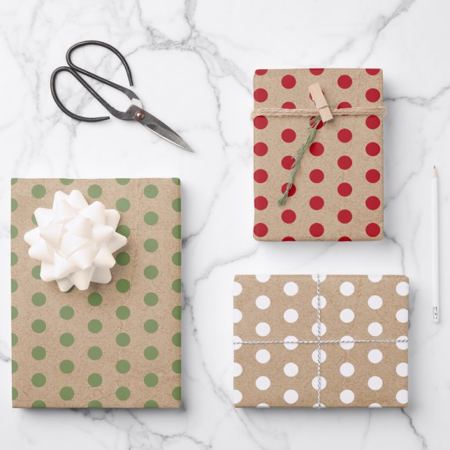 Weihnachts Red Green & White Kraft Polka Dots Geschenkpapier Set (Vorderseite)