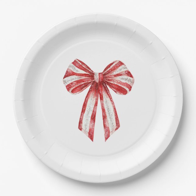 Weihnachts Red Peppermint White Bows Pappteller (Vorderseite)