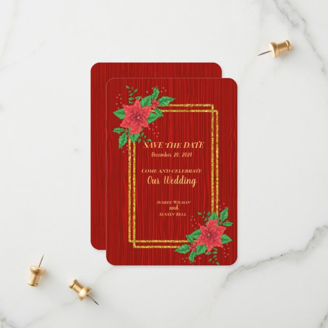 Weihnachts Red Poinsettia Gold Frame Wedding Save The Date (Vorderseite/Rückseite Beispiel)