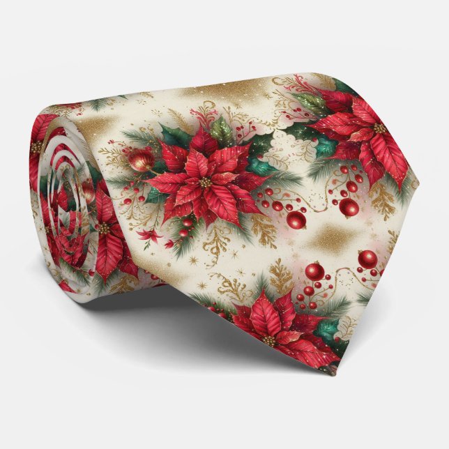 Weihnachts Red Poinsettia mit Gold Mens Neck Tie Krawatte (Gerollt)