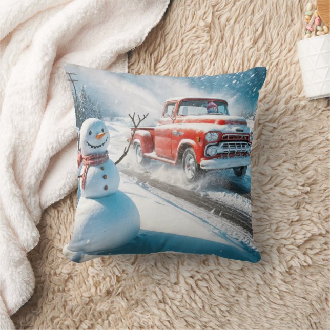 Weihnachts Red Retro Truck mit Schneemann Kissen (Decke)