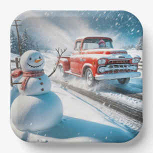 Weihnachts Red Retro Truck mit Schneemann Pappteller