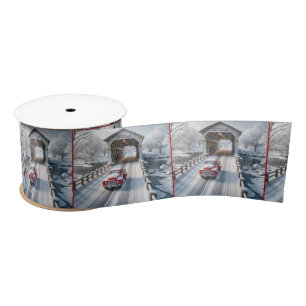 Weihnachts Red Retro Truck und Covered Bridge Satinband