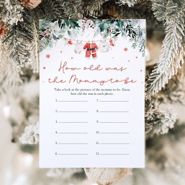 Weihnachts Red Santa Baby wie alt war Mama Game Einladung (Watercolor Christmas Red Santa Baby How Old Was Mommy Game)