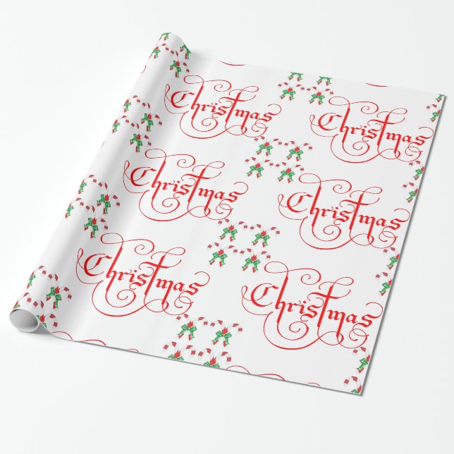 Weihnachts Red Script Candy Cane Green Ribbon Geschenkpapier (Ungerollt)